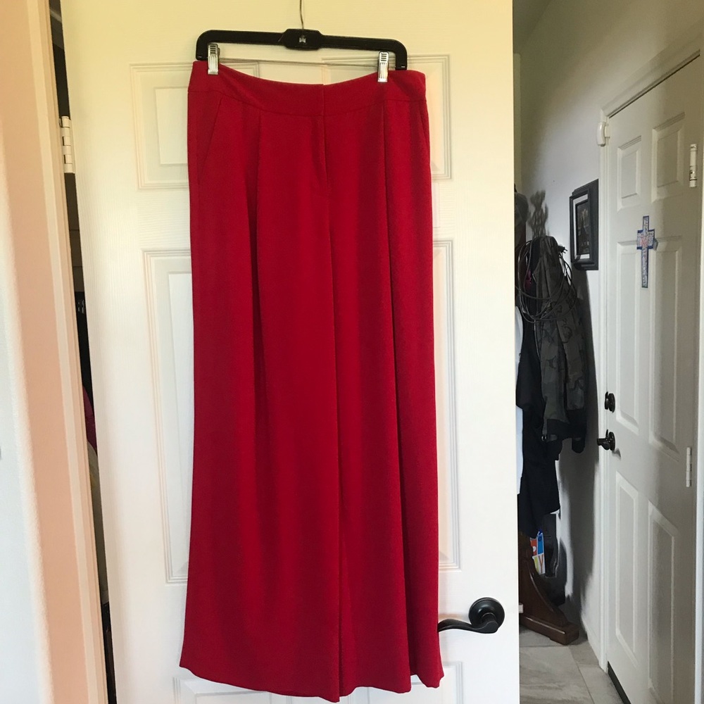 Red wide leg long silk blend pant.